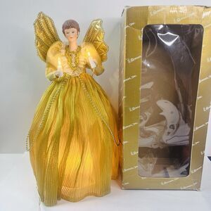 Vintage Roman Inc Gold Dress Lighted Angel 12" Christmas Tree Topper Lace Beads